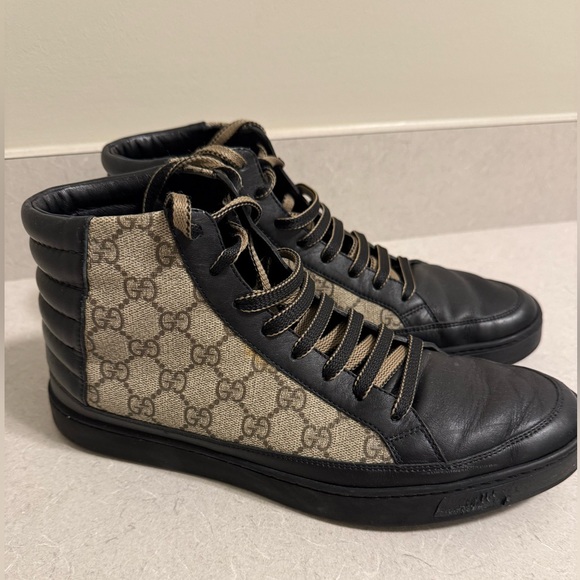 Auth Mens Gucci GG Canvas & Leather High Top Sneakers Size 9 Made In Italy